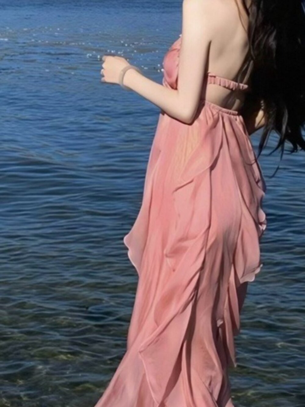 Pink Halter Ruffle Maxi Dress - Size S, Brand New